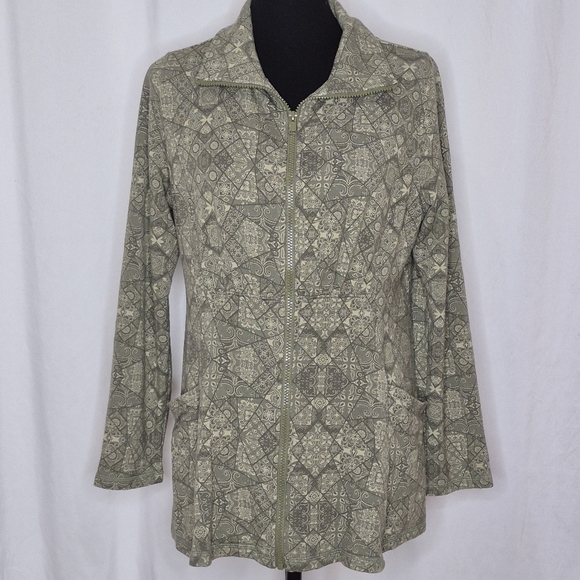 Soft Surroundings Green Patterned Ruched Neck Peplum Waist Zip Jacket - Size M - Picture 1 of 11